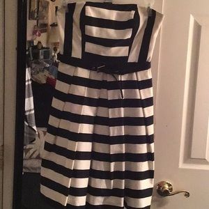 Off the shoulder black and white striped dress up or down